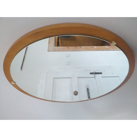 Image 1 of Midcentury Round Teak Veneer Wall Mirror, Denmark, 1960s