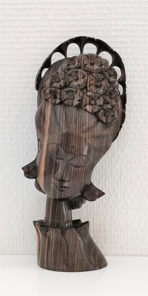 Ebony Wood Bust Woman Floral Headdress 60s - 70s