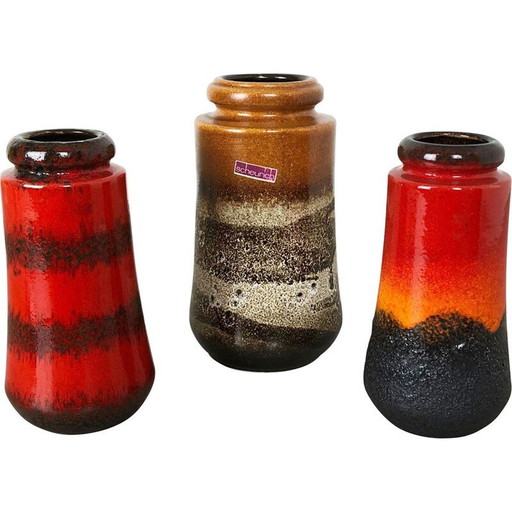 Conjunto de tres jarrones vintage de lava gruesa de Scheurich, Alemania, 1970