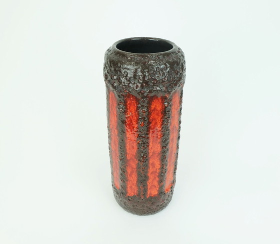 Image 1 of scheurich 1960s 70s VASE model 532-28 red orange brown fat lava stripe pattern