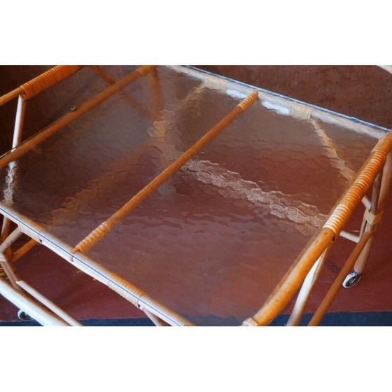 Image 1 of Vintage bamboo and frosted glass serving cart, 1960