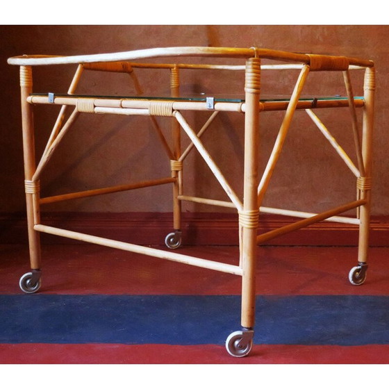 Image 1 of Vintage bamboo and frosted glass serving cart, 1960