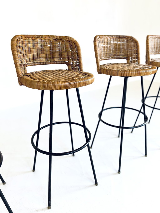 4X Vintage Bar Stool, Rattan, Bamboo & Metal '60s
