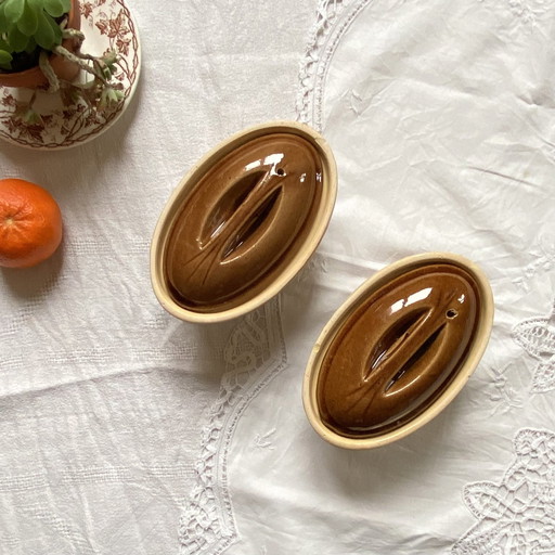 Lot De 2 Petites Terrines Anciennes La Bourguignonne Ovale Émaillée Beige Marron Terre Cuite Vintage