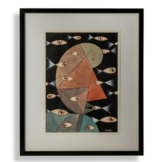 Image 1 of Vintage gouache with abstract faces, 1980
