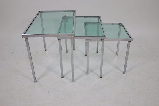 Image 1 of Chrome Side Tables with light blue transparent glass