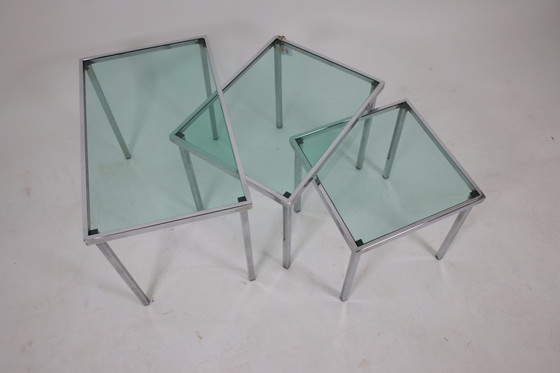 Image 1 of Chrome Side Tables with light blue transparent glass