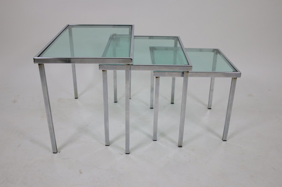 Image 1 of Chrome Side Tables with light blue transparent glass