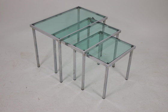 Image 1 of Chrome Side Tables with light blue transparent glass