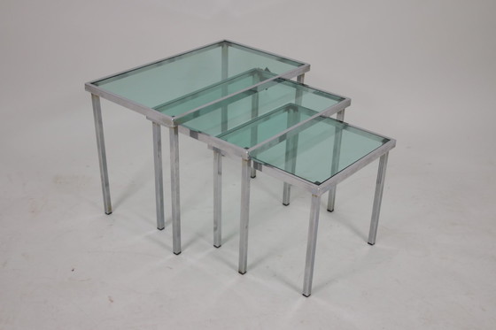 Image 1 of Chrome Side Tables with light blue transparent glass