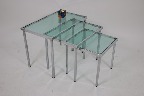 Image 1 of Chrome Side Tables with light blue transparent glass