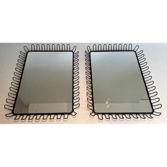 Image 1 of Pair of vintage black lacquered metal mirrors, 1980
