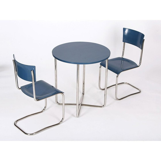 Image 1 of Pair of vintage tables with 2 chairs in nickel-plated steel, Czech Republic 1930