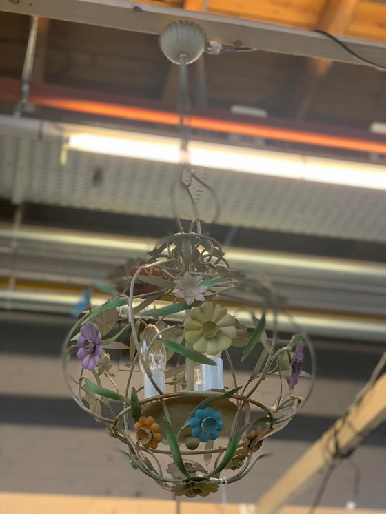 Image 1 of Antique French metal chandelier with floral details