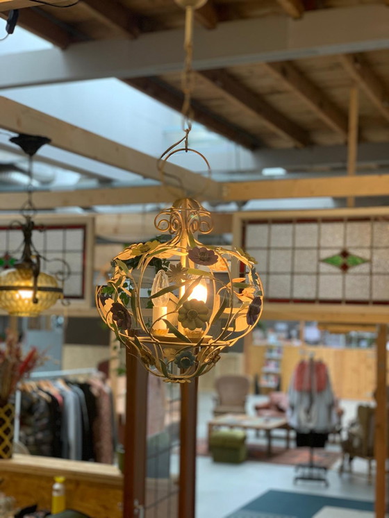 Image 1 of Antique French metal chandelier with floral details