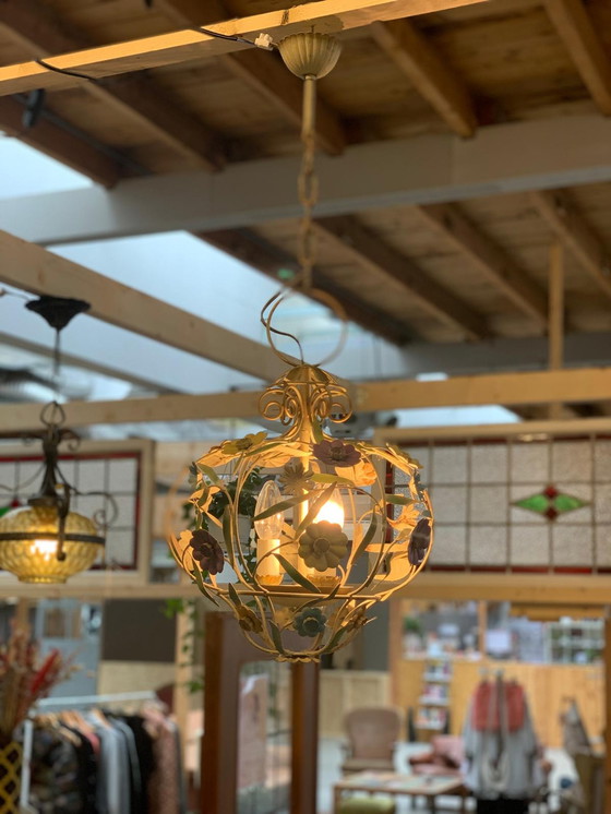 Image 1 of Antique French metal chandelier with floral details