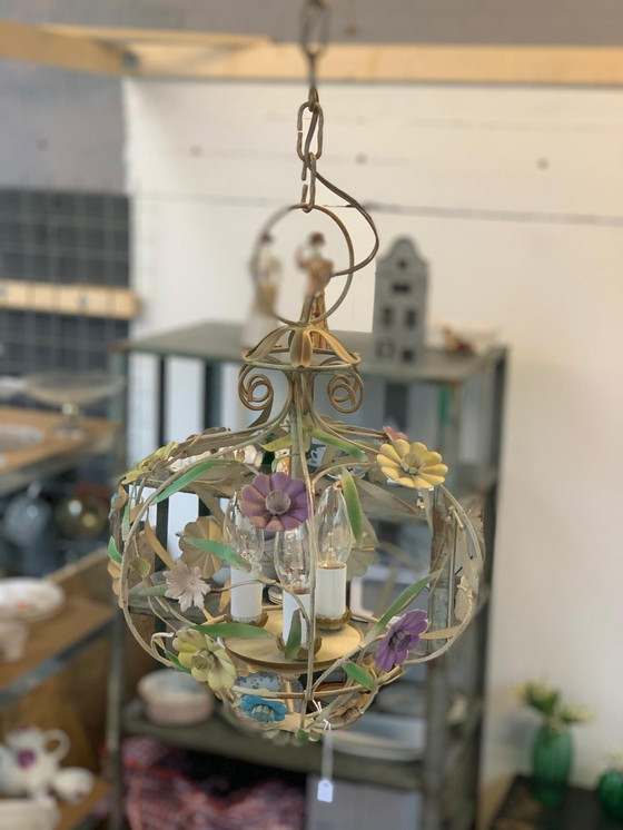 Image 1 of Antique French metal chandelier with floral details