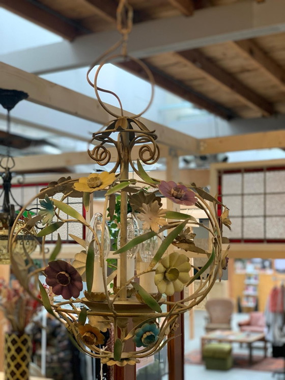 Image 1 of Antique French metal chandelier with floral details