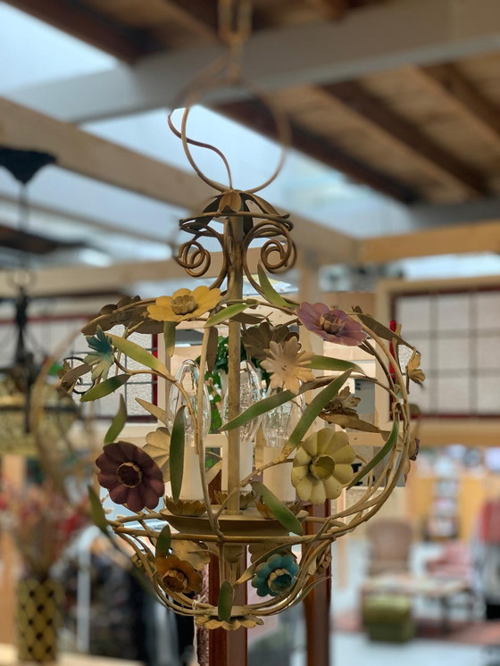 Image 1 of Antique French metal chandelier with floral details