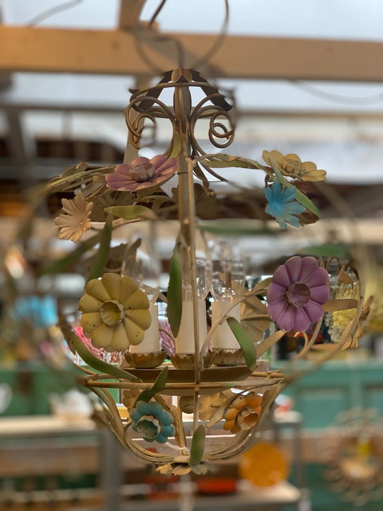 Image 1 of Antique French metal chandelier with floral details