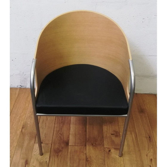 Image 1 of Poltrona vintage Calligaris in legno chiaro e pelle nera, Italia