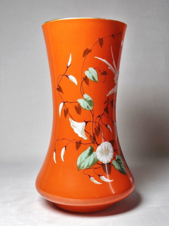 Image 1 of Large Hand-Painted And Enameled Opaline Crystal Vase Attributed To Baccarat 19th Century