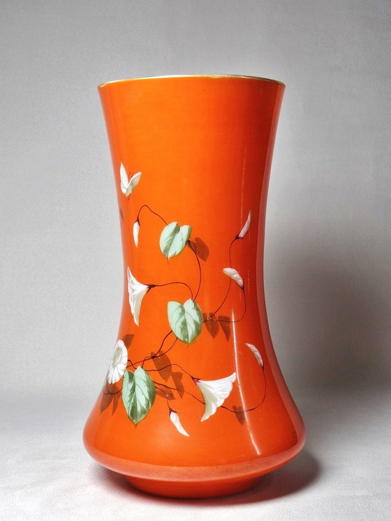 Image 1 of Large Hand-Painted And Enameled Opaline Crystal Vase Attributed To Baccarat 19th Century