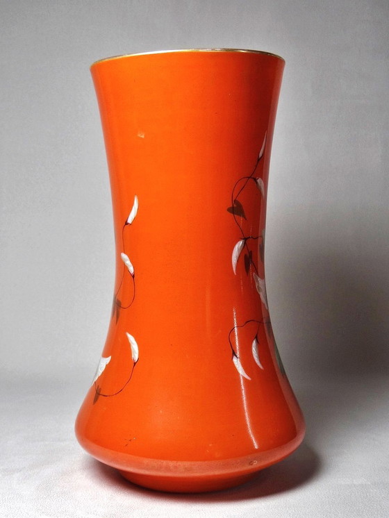 Image 1 of Large Hand-Painted And Enameled Opaline Crystal Vase Attributed To Baccarat 19th Century