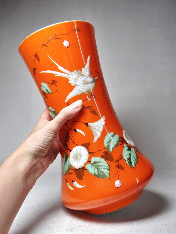 Image 1 of Large Hand-Painted And Enameled Opaline Crystal Vase Attributed To Baccarat 19th Century