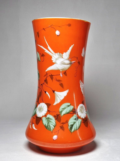 Large Hand-Painted And Enameled Opaline Crystal Vase Attributed To Baccarat 19th Century