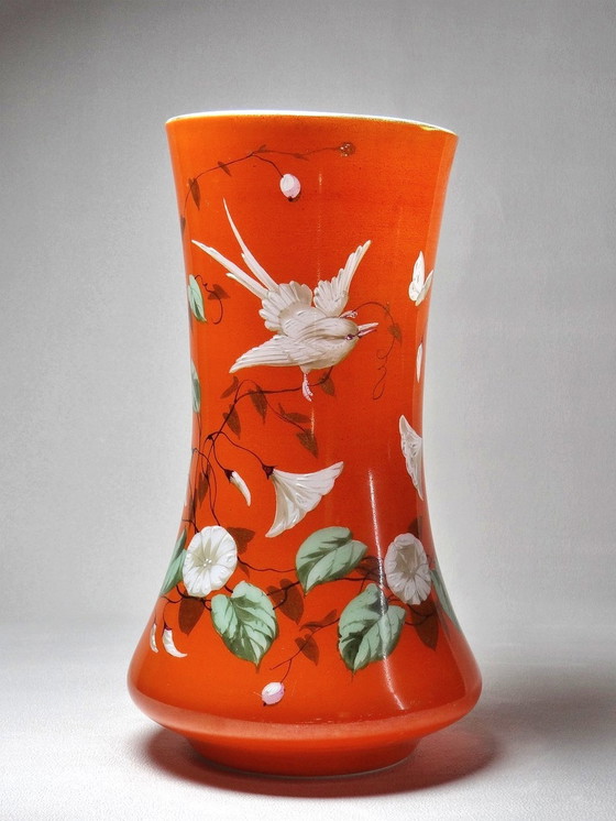 Image 1 of Large Hand-Painted And Enameled Opaline Crystal Vase Attributed To Baccarat 19th Century