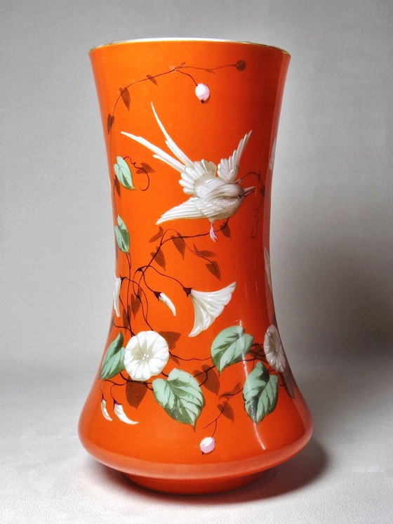 Image 1 of Large Hand-Painted And Enameled Opaline Crystal Vase Attributed To Baccarat 19th Century