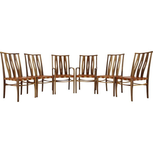 Set of 6 vintage walnut and leather dining chairs by William Pagden, 2001