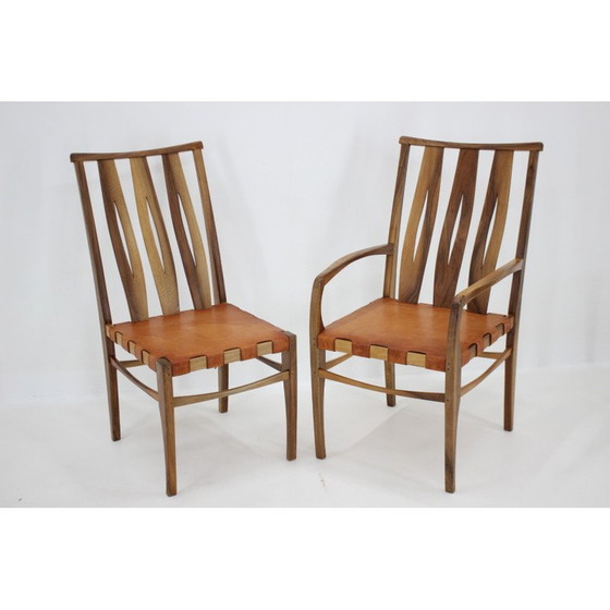 Image 1 of Set di 6 sedie da pranzo vintage in noce e pelle di William Pagden, 2001