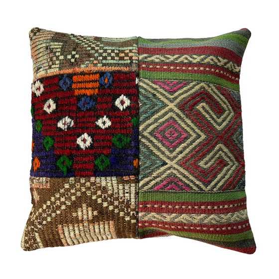 Image 1 of Vintage Turkish Kilim Patchwork Cushion Cover , 45 x 45 cm