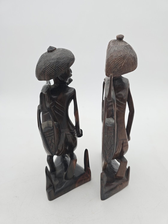 Image 1 of Pair Of Antique Asian Water Bearer Statuettes