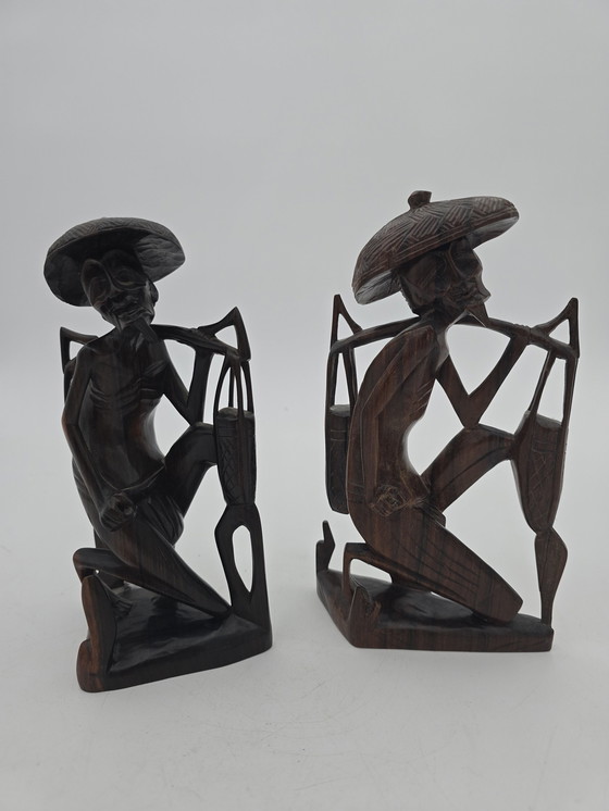 Image 1 of Pair Of Antique Asian Water Bearer Statuettes