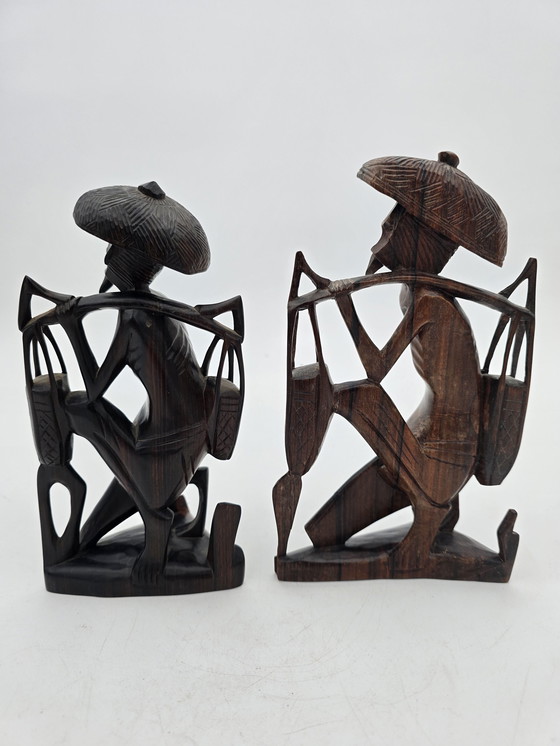 Image 1 of Pair Of Antique Asian Water Bearer Statuettes