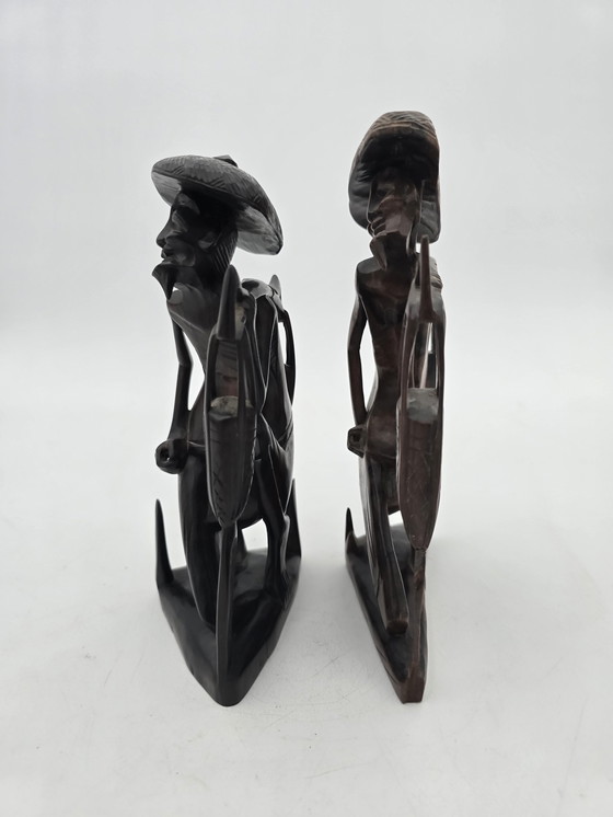 Image 1 of Pair Of Antique Asian Water Bearer Statuettes