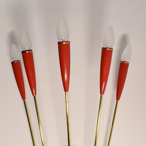 Image 1 of Vintage brass and red lacquer wall lamp, 1960