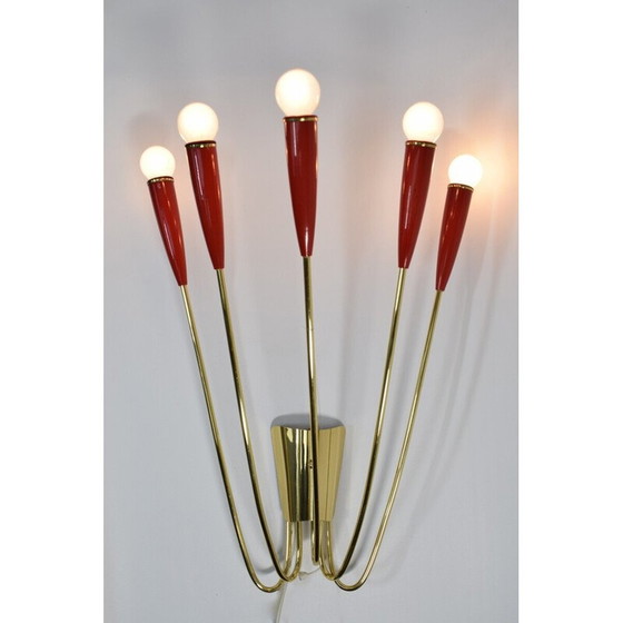 Image 1 of Vintage brass and red lacquer wall lamp, 1960