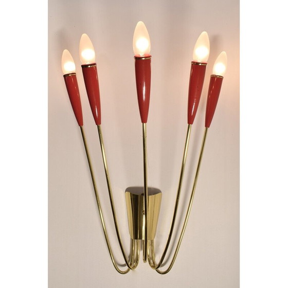 Image 1 of Vintage brass and red lacquer wall lamp, 1960