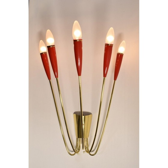 Image 1 of Vintage brass and red lacquer wall lamp, 1960