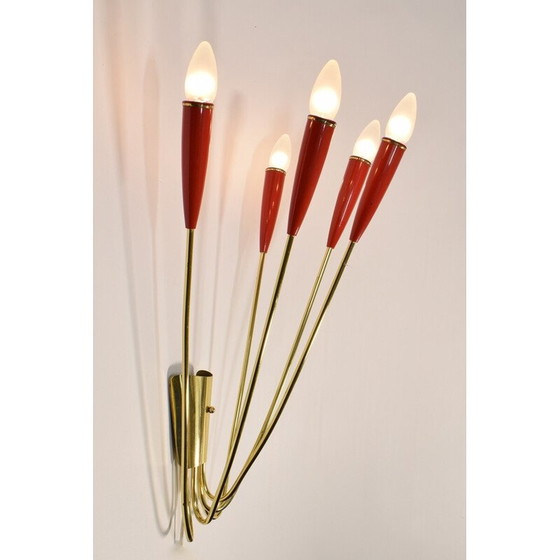 Image 1 of Vintage brass and red lacquer wall lamp, 1960