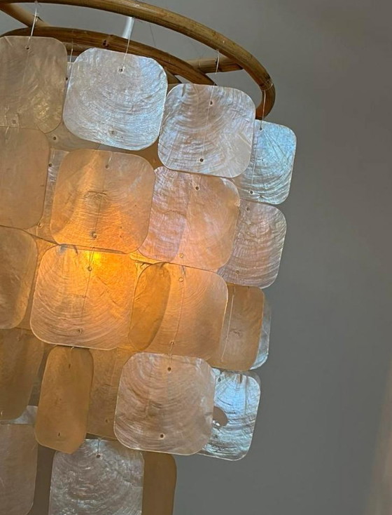 Image 1 of Set Of 2 Capiz Shell Pendant Lamps Shell Pearl Bamboo Frame White Wiring Upholstered