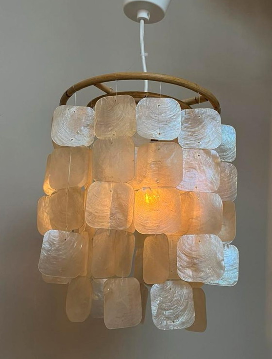 Image 1 of Set Of 2 Capiz Shell Pendant Lamps Shell Pearl Bamboo Frame White Wiring Upholstered