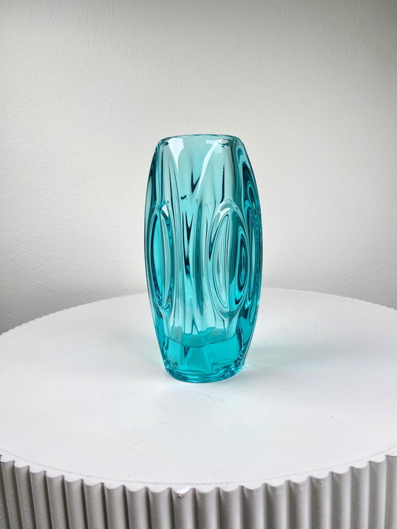 Image 1 of 1950S Sklo Union Aquamarine Blue 'Lens' Glass Vase / Flower Pot, Design By Rudolf Schrotter 