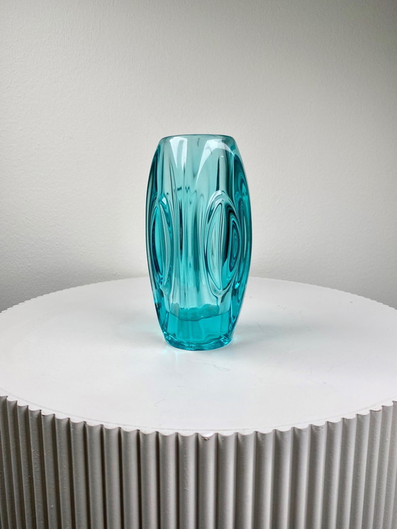 Image 1 of 1950S Sklo Union Aquamarine Blue 'Lens' Glass Vase / Flower Pot, Design By Rudolf Schrotter 