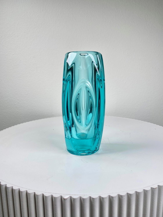 Image 1 of 1950S Sklo Union Aquamarine Blue 'Lens' Glass Vase / Flower Pot, Design By Rudolf Schrotter 