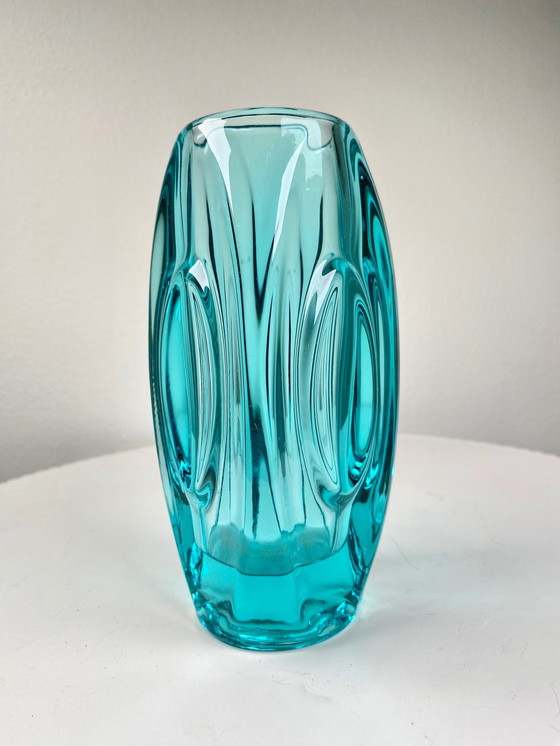 Image 1 of 1950S Sklo Union Aquamarine Blue 'Lens' Glass Vase / Flower Pot, Design By Rudolf Schrotter 